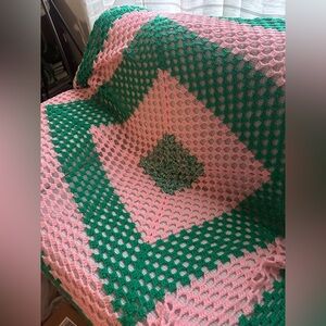 Handmade Pink and Green Crochet Granny Square Throw